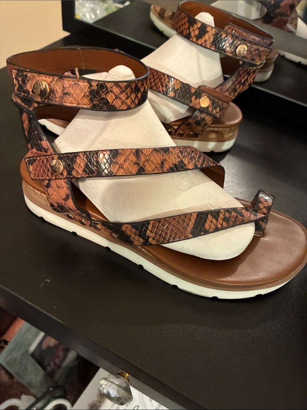 Franco Sarto Brown Snake-Print Ankle-Strap Sandals